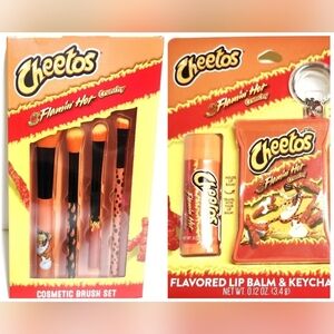 BUNDLE! Crunchy Flamin Hot Cheeto Cosmetic Brush & Flamin Hot Lip Balm Keychain